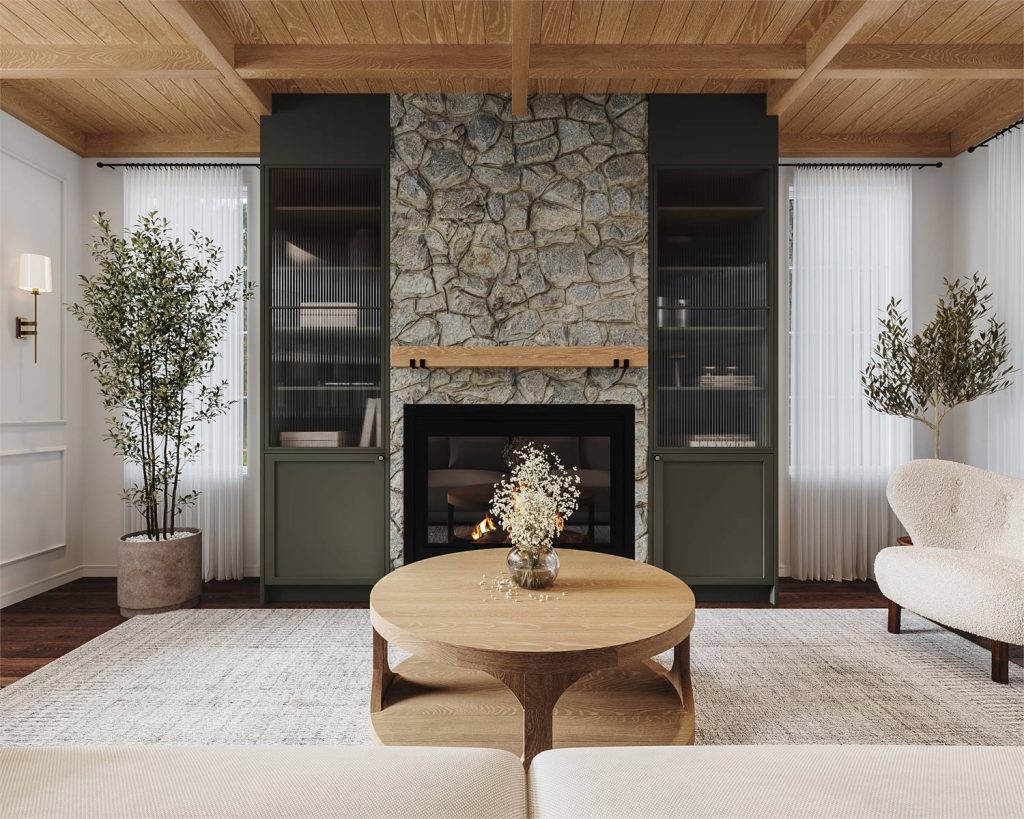 a spacious living room with wood and stone accented fireplace