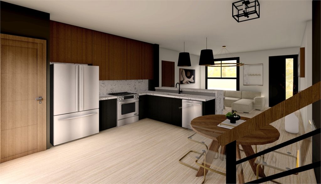 A spacious kitchen with high end appliances and dining area