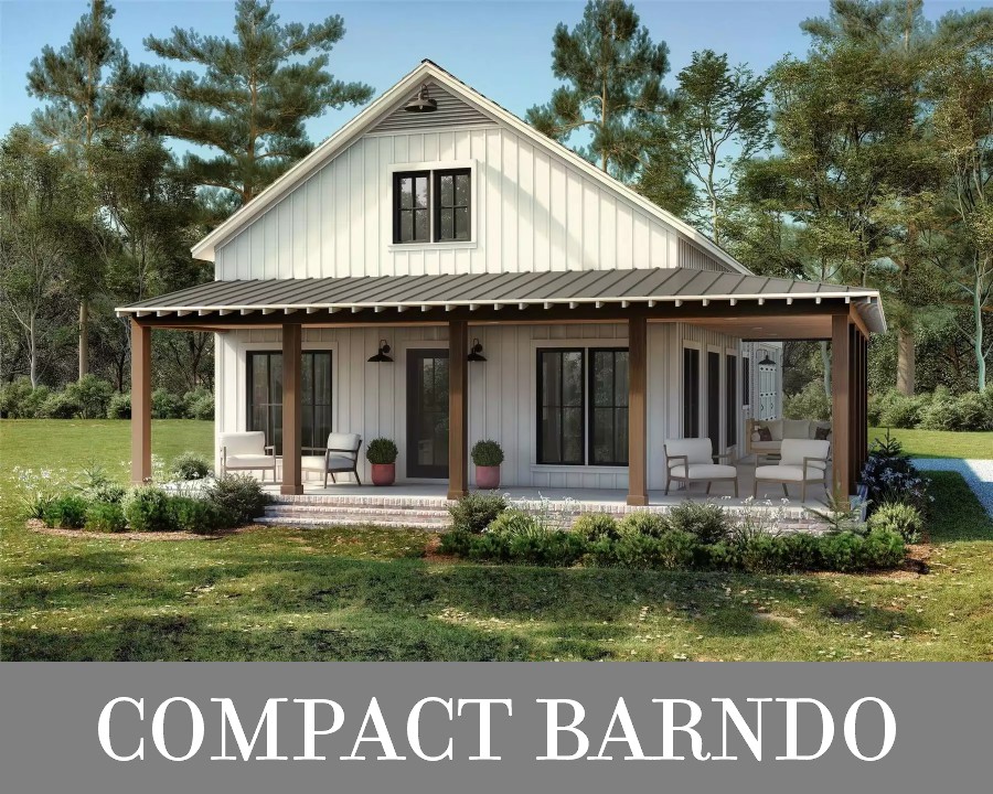 A Two-Bedroom Barndominium with Vaulted Open Living and a Porch on Two Sides