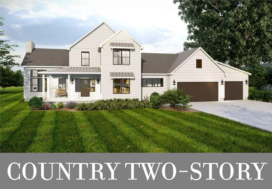 A Two-Story Farmhouse with a Main-Level Primary Suite in Back and Two Bedrooms Upstairs