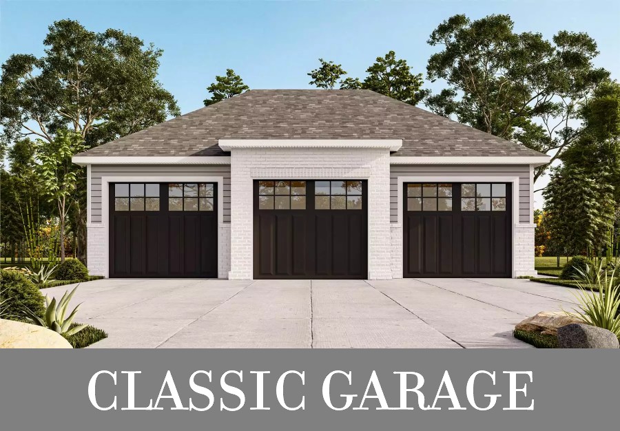 A Traditional Three-Car Detached Garage with Hipped Rooflines and Brick and Lap Siding