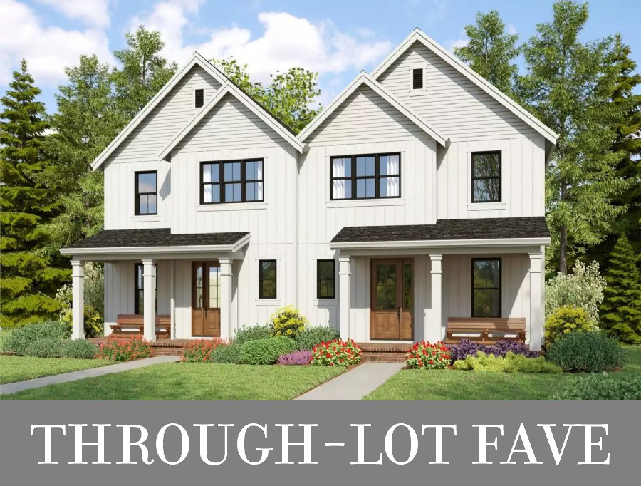 A Two-Story Farmhouse Duplex with Three Bedrooms and an Office per Unit Plus Rear-Entry Garages