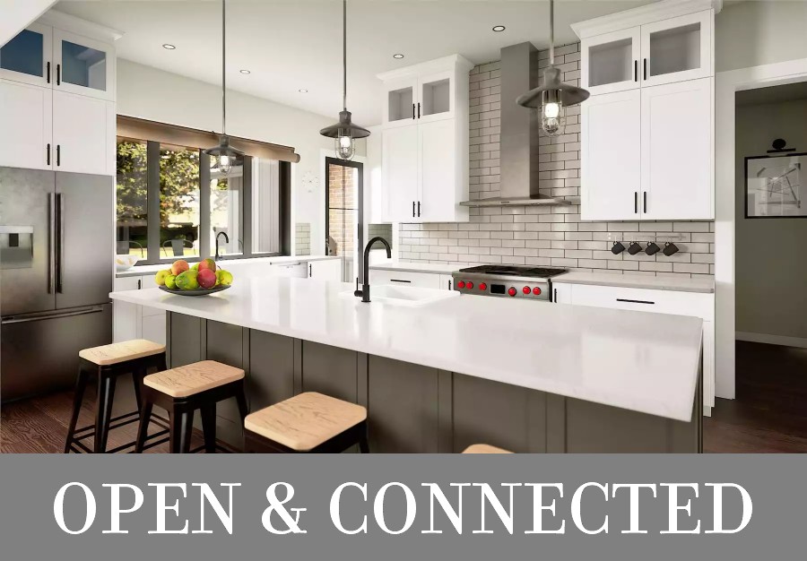 The Island Kitchen with Pass-Through Window to Outdloor Living in a One-Story Farmhouse