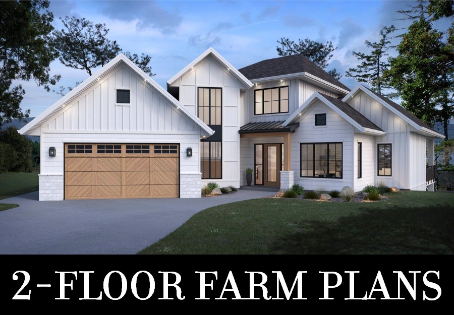 A Two-Story Modern Farmhouse with an Angled Front Garage, Split Bedrooms, and Large Rear Windows