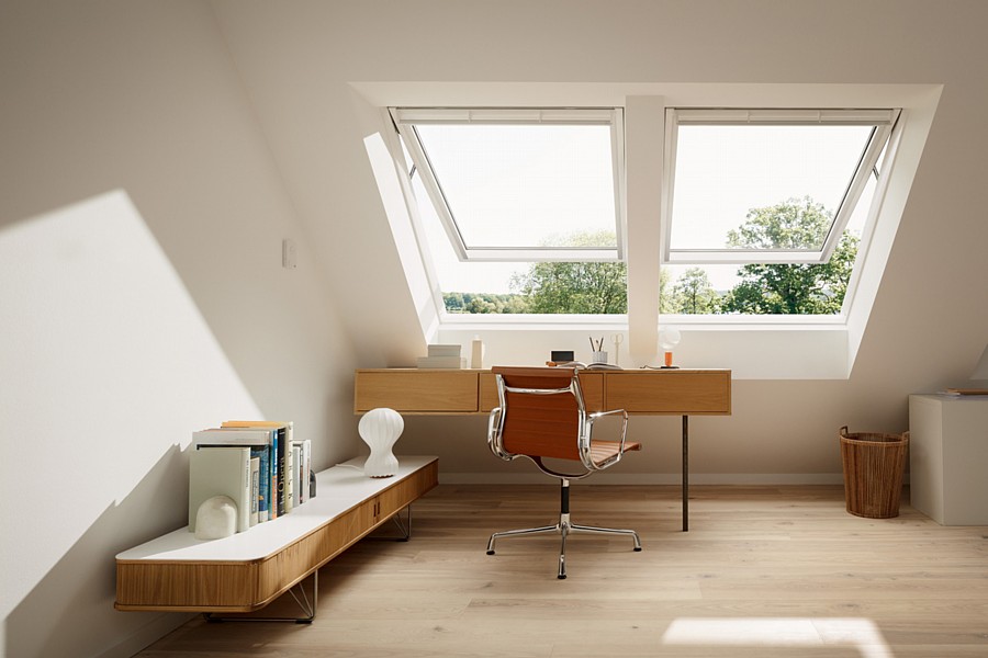 A Home Office with Top-Hinged Roof Windows over the Desk