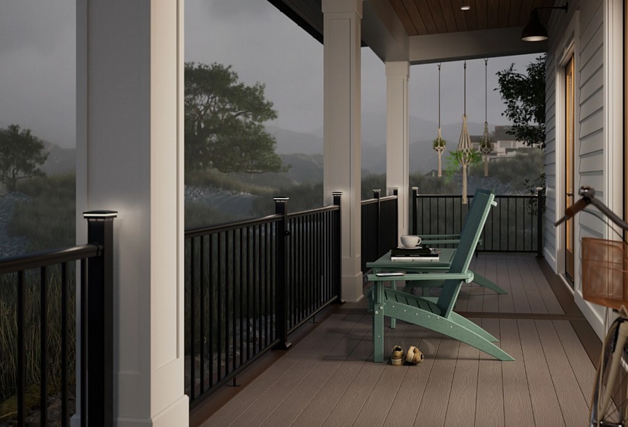 A Deck with Sleek Black Railing and Lighting Built into the Post Endcaps