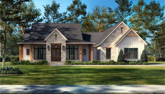 Modern Farmhouse with Stone and Wood Exterior