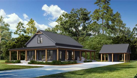 Barndominium with Wraparound Porch and Detached Garage