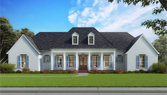 Symmetrical Acadian Facade with Gables, Dormers, and Columns