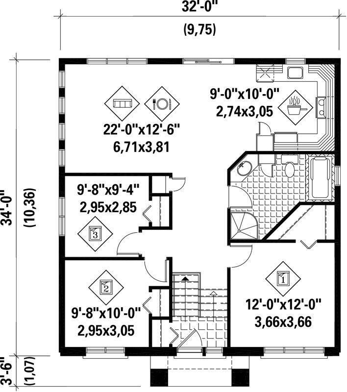 Modern Three bedroom House Plan 9806